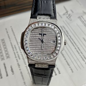 Patek Philippe Nautilus 5719 Full Diamonds Replica Watches Leather Men's 40mm (2)