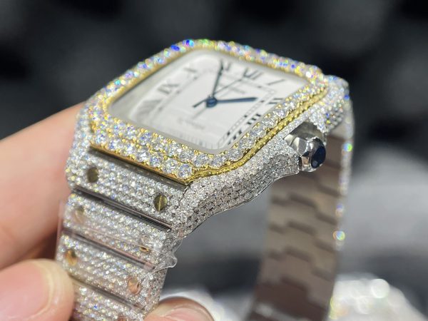 Cartier Santos Iced Out Moissanite Demi Gold Replica Watch (1)