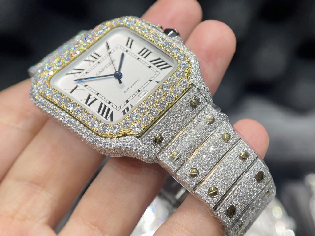 Cartier Santos Iced Out Moissanite Demi Gold Replica Watch (1)