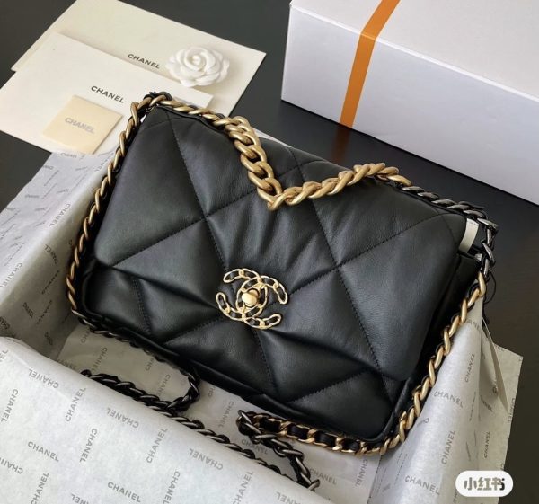 Chanel 19 Light Lambskin Black Replica Bags 26x18x6 (2)