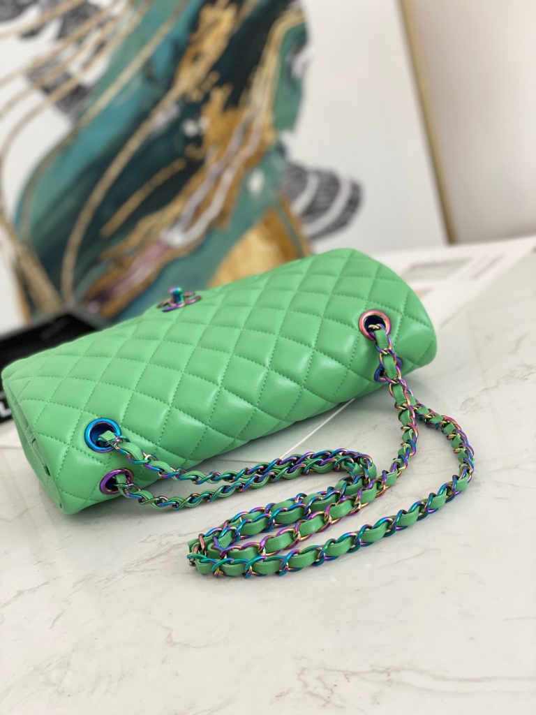 Chanel Classic Green Quilted Double Flap Small Rainbow Hardware Replica Bags Size 25cm (2)