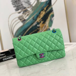 Chanel Classic Green Quilted Double Flap Small Rainbow Hardware Replica Bags Size 25cm (2)