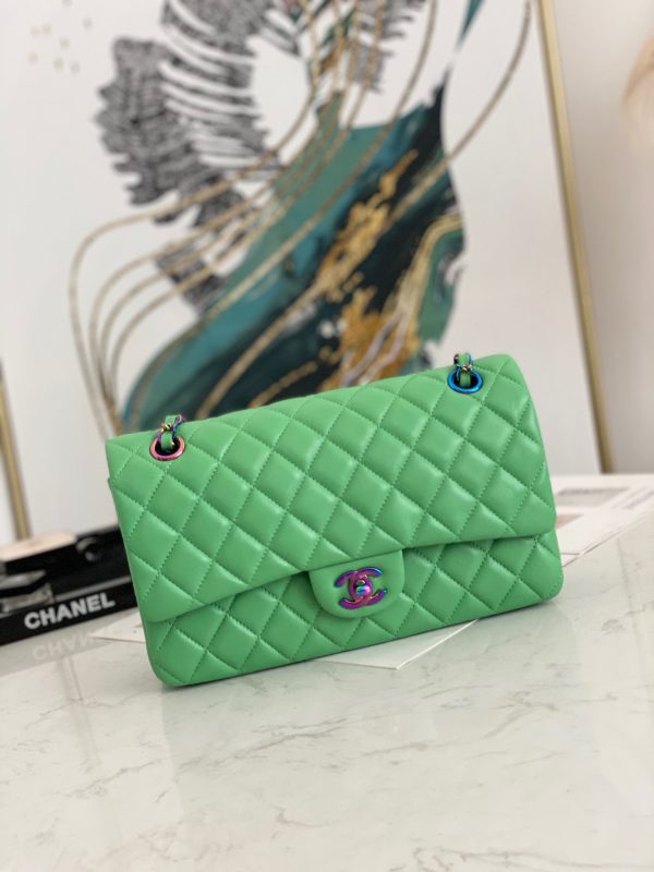 Chanel Classic Green Quilted Double Flap Small Rainbow Hardware Replica Bags Size 25cm (2)