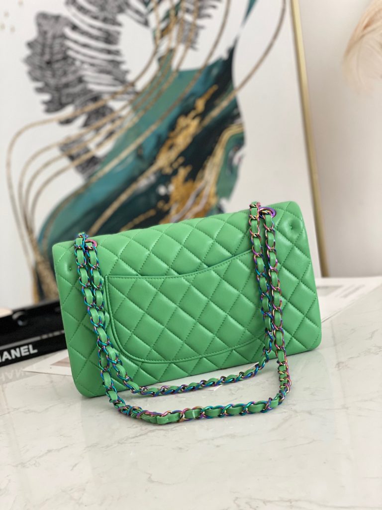 Chanel Classic Green Quilted Double Flap Small Rainbow Hardware Replica Bags Size 25cm (2)