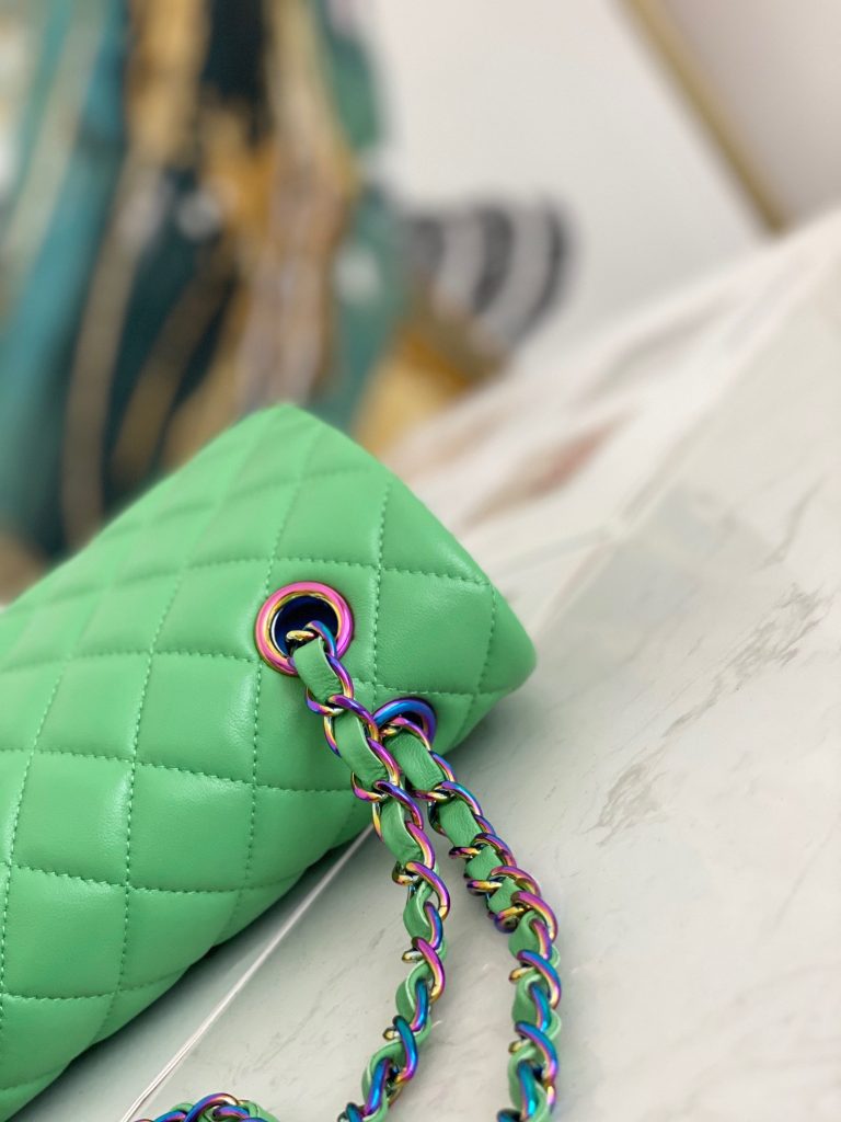 Chanel Classic Green Quilted Double Flap Small Rainbow Hardware Replica Bags Size 25cm (2)