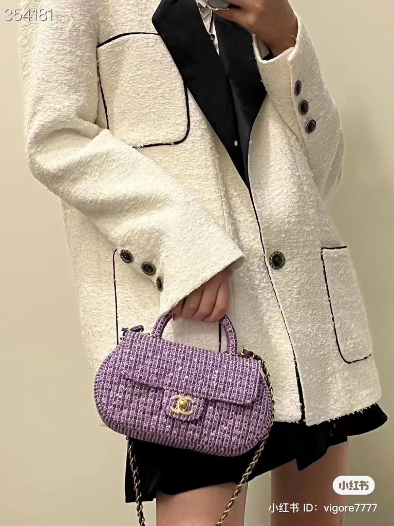 Chanel Mini Sequin Flap Top Handle Purple Tweed Replica Bags Size 23cm (2)