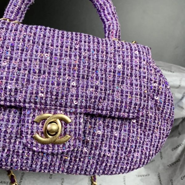 Chanel Mini Sequin Flap Top Handle Purple Tweed Replica Bags Size 23cm (2)