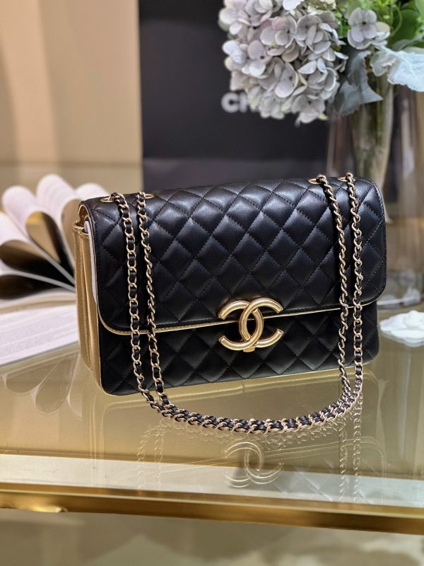 Chanel Session Black Golden Metallic Replica Bags Size 26cm (2)