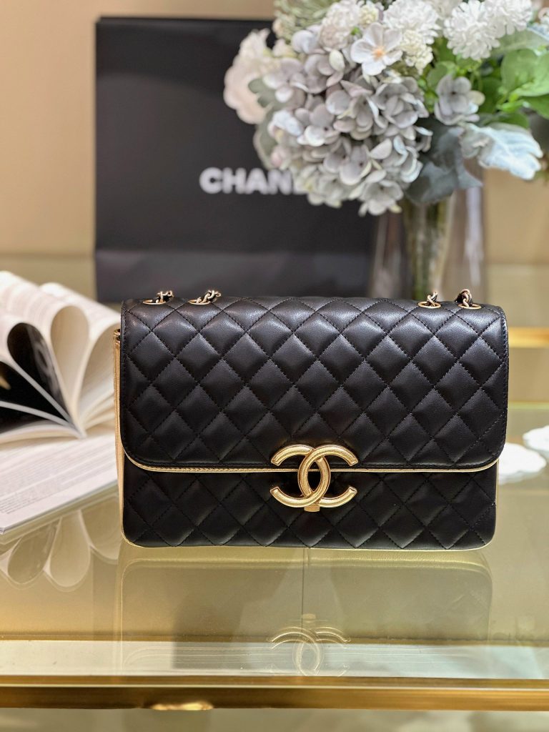 Chanel Session Black Golden Metallic Replica Bags Size 26cm (2)