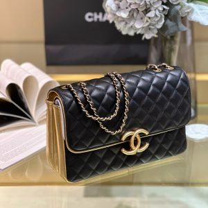 Chanel Session Black Golden Metallic Replica Bags Size 26cm (2)