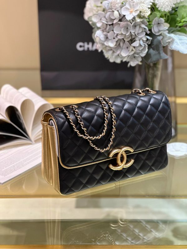 Chanel Session Black Golden Metallic Replica Bags Size 26cm (2)