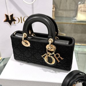 Dior D-Joy Cannage Cotton Micropearl Embroidery Replica Bags Black Size 22cm (2)