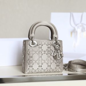 Dior Lady Mini Strass Cannage Satin Replica Bags Gray Size 17cm (2)