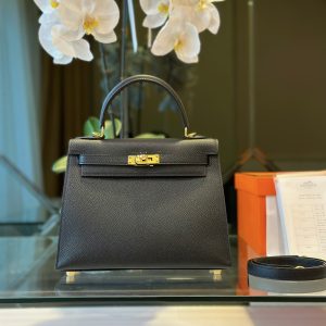 Hermes Kelly Epsom Black Replica Bags Golden Buckle Size 25cm (2)