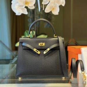 Hermes Kelly Epsom Black Replica Bags Golden Buckle Size 25cm (2)