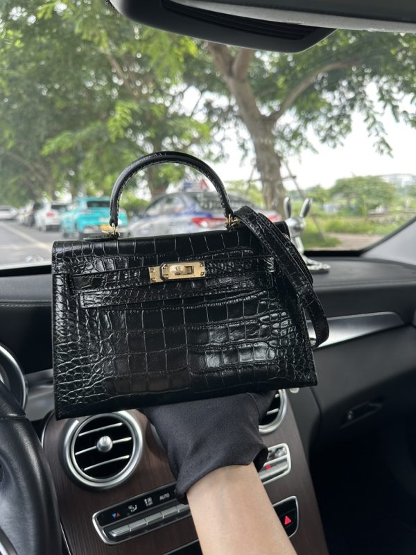 Hermes Kelly Mini Black Replica Bags Crocodile Embossed 20cm (2)