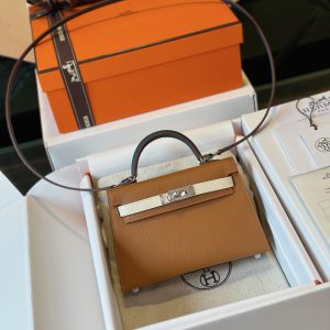 Hermes Kelly Mini Replica Bags Brown Silver Buckle Size 20cm (2)