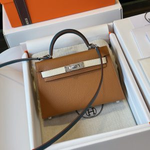 Hermes Kelly Mini Replica Bags Brown Silver Buckle Size 20cm (2)