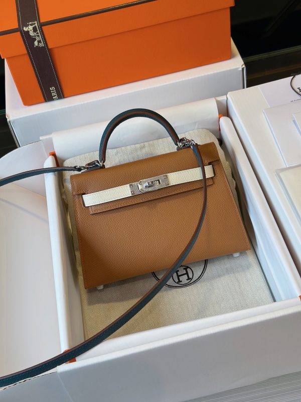 Hermes Kelly Mini Replica Bags Brown Silver Buckle Size 20cm (2)