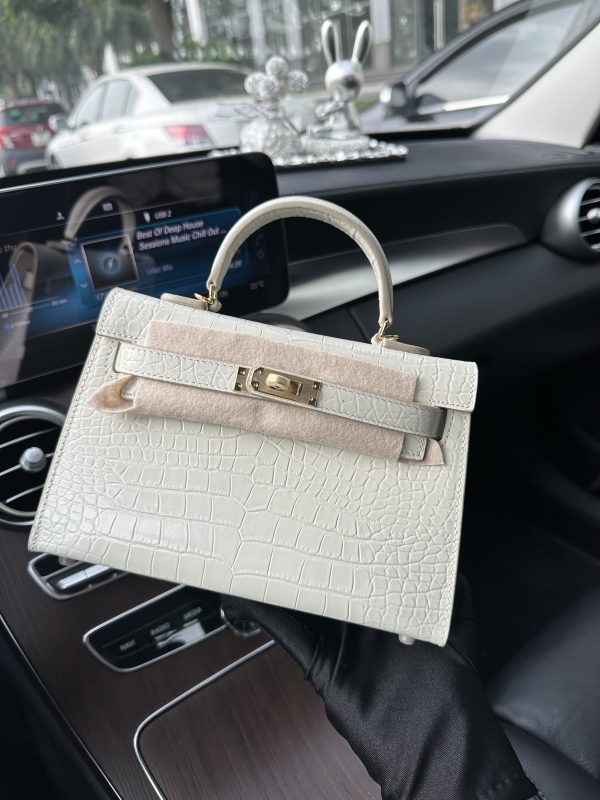 Hermes Kelly Mini White Replica Bags Crocodile Embossed 20cm (2)