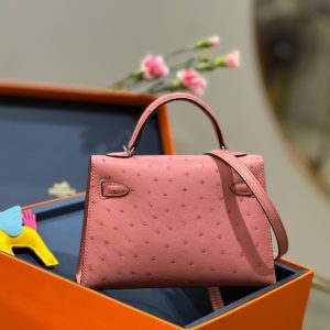Hermes Kelly Ostrich Skin Pink Replica Bags 20cm (2)