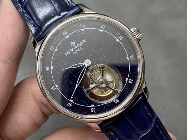 Patek Philippe Tourbillon Replica Watch Blue Dial Leather Strap 44mm