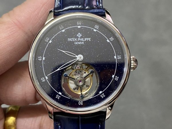 Patek Philippe Tourbillon Replica Watch Blue Dial Leather Strap 44mm