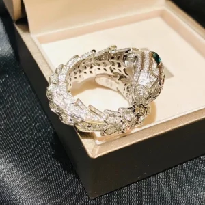Bvlgari Serpenti Viper Rings Custom Diamond 18K White Gold Emerald Eyes (2)