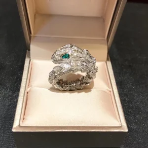Bvlgari Serpenti Viper Rings Custom Diamond 18K White Gold Emerald Eyes (2)