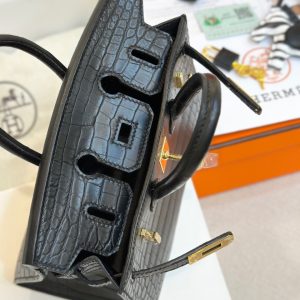 Hermes Birkin Crocodile Replica Bags Black Lock Gold Size 20cm (2)