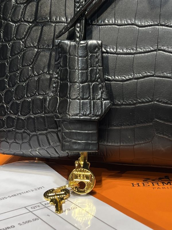 Hermes Birkin Crocodile Replica Bags Black Lock Gold Size 20cm (2)