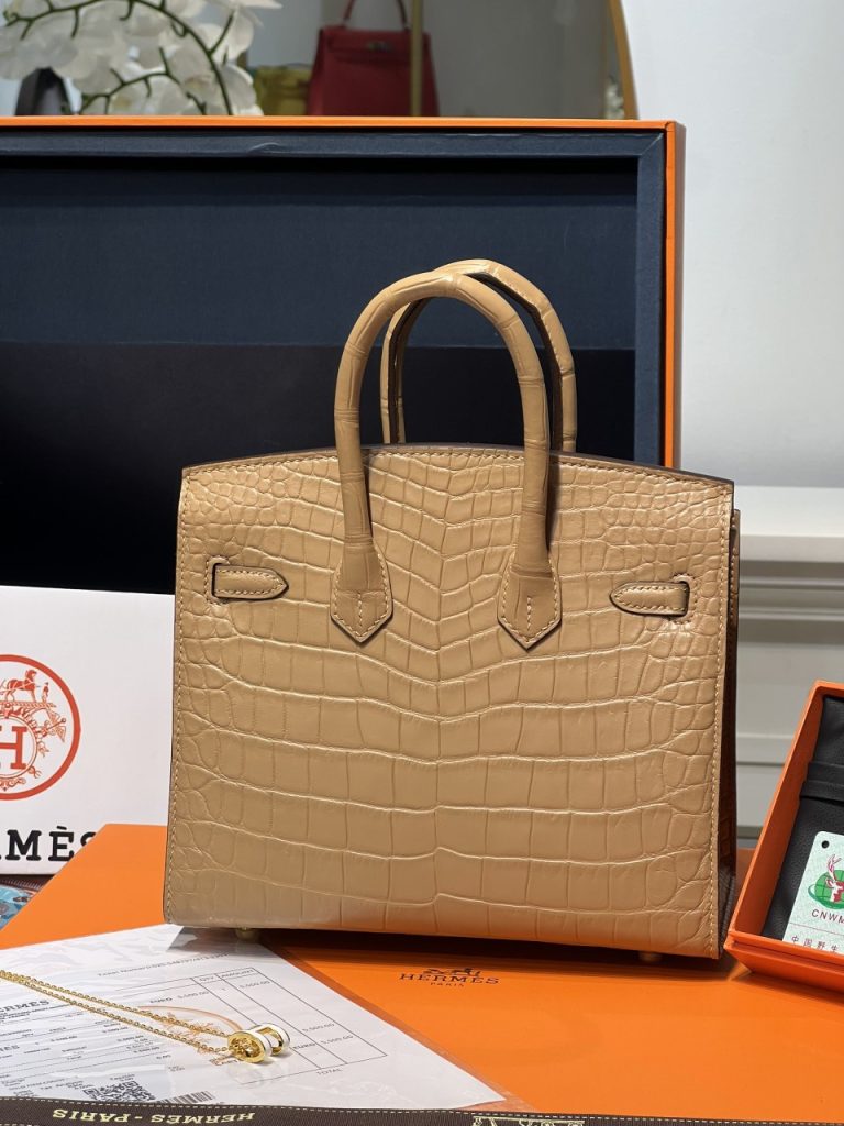Hermes Birkin Crocodile Replica Bags Brown Lock Gold Size 20cm (2)