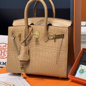 Hermes Birkin Crocodile Replica Bags Brown Lock Gold Size 20cm (2)