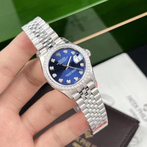 Rolex DateJust Women Blue Dial Bezel Diamonds Replica Watch EW 31mm (1)
