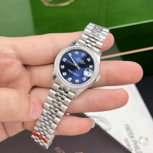 Rolex DateJust Women Blue Dial Bezel Diamonds Replica Watch EW 31mm (1)