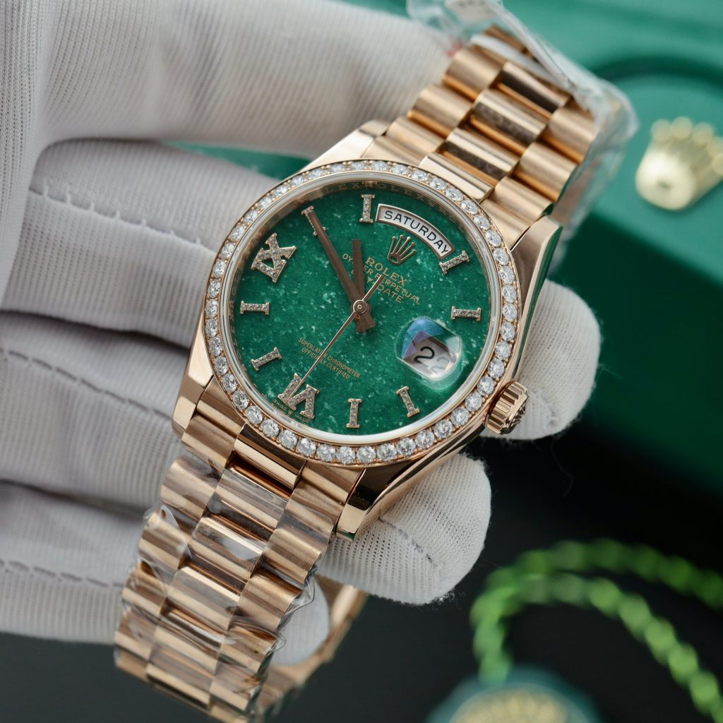 Rolex Day-Date 128235 Green Aventurine Dial Gold Wrapped & Moissanite (11)