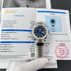 Rolex Replica Watches Custom Moissanite Diamonds Bezel Blue Motif Dial Clean 41mm