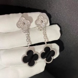 Van Cleef & Arpels Magic Alhambra Earrings 2 Motifs With Agate Diamond White Gold 18K Custom (2)