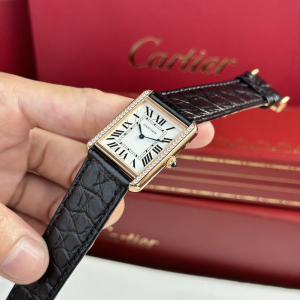 Cartier Tank Solo Custom Bezel Diamonds Black Leather Strap (1)