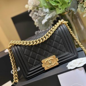 Chanel Boy Womens Lambskin Black Lock Gold Replica Handbags 20cm (2)