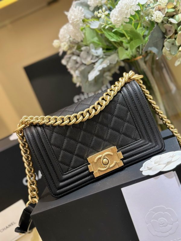 Chanel Boy Womens Lambskin Black Lock Gold Replica Handbags 20cm (2)