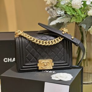 Chanel Boy Womens Lambskin Black Lock Gold Replica Handbags 20cm (2)