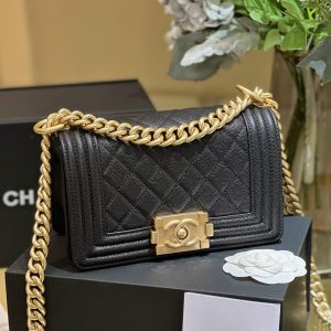 Chanel Boy Womens Lambskin Black Lock Gold Replica Handbags 20cm (2)