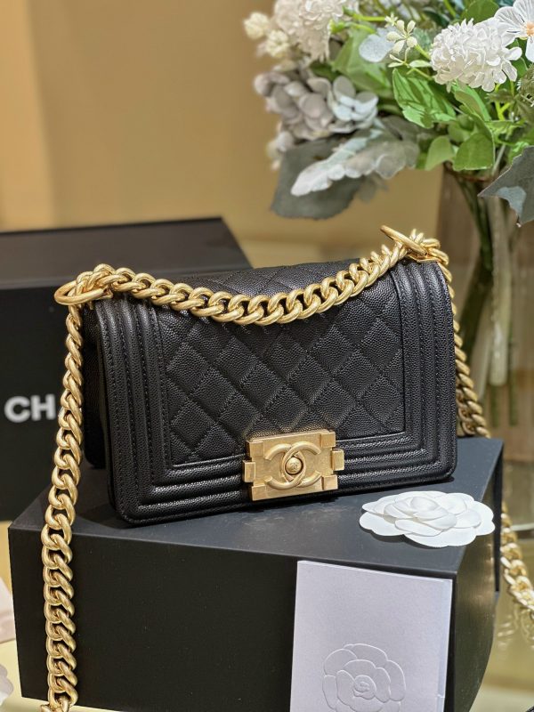 Chanel Boy Womens Lambskin Black Lock Gold Replica Handbags 20cm (2)