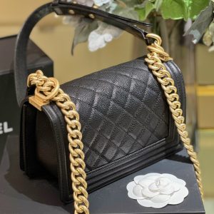 Chanel Boy Womens Lambskin Black Lock Gold Replica Handbags 20cm (2)