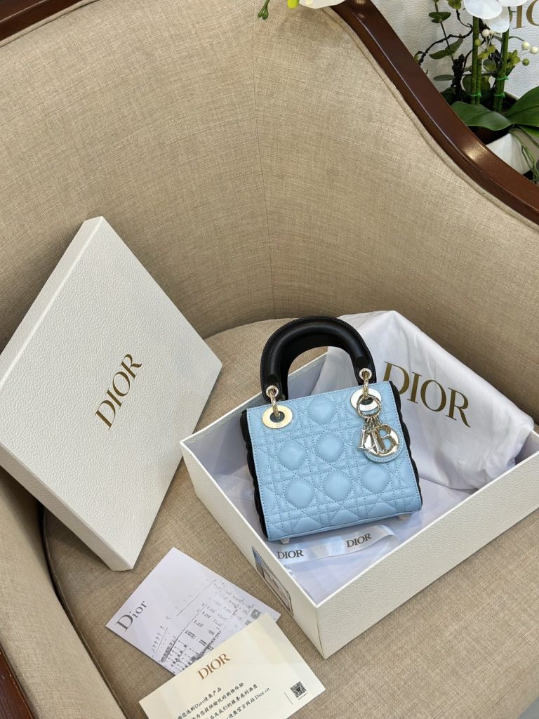 Dior Lady Mini Womens Ice Blue Cowhide Replica Bags 18cm (2)