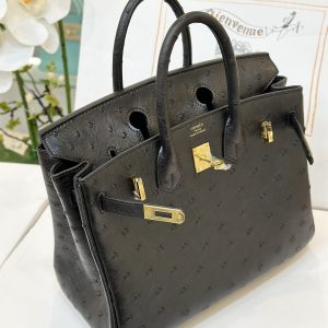 Hermes Birkin Ostrich Leather Replica Handbags Black Womens 25cm (2)
