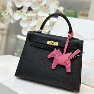 Hermes Kelly Ostrich Leather Replica Handbags Black Womens 25cm (8)