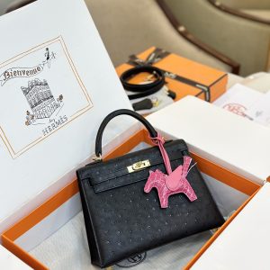 Hermes Kelly Ostrich Leather Replica Handbags Black Womens 25cm (2)