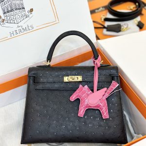 Hermes Kelly Ostrich Leather Replica Handbags Black Womens 25cm (2)